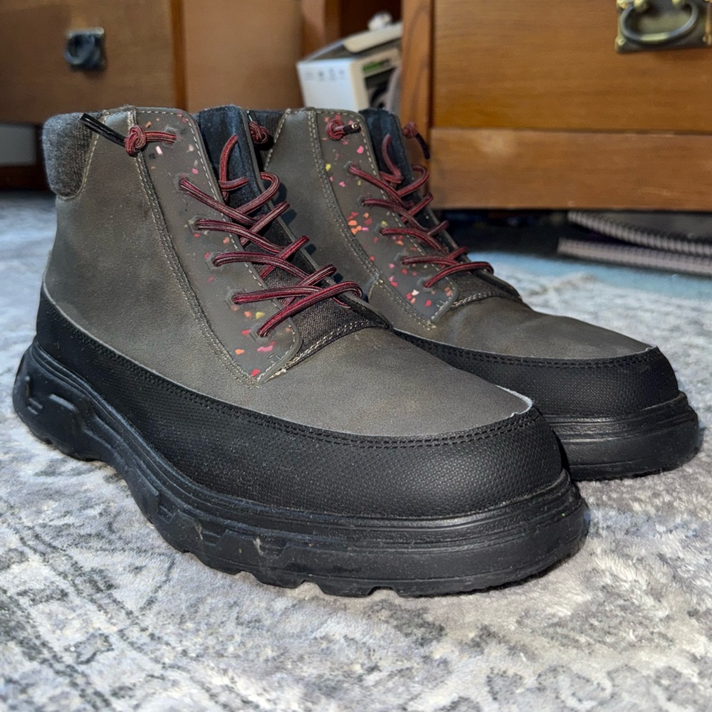 HEYDUDE Rugged Black and Gray Boots with Red Laces